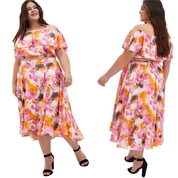 Torrid Top/Skirt Co-Ord Set Multi Watercolor Tie Dye Off Shoulder Matching 4X - Picture 1 of 15